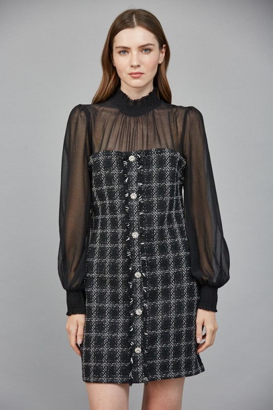 elegant tweed dress Daring Diva Women's Tweed Formal Work Long Sleeve Sheath Dress XL White Black, Multicolor