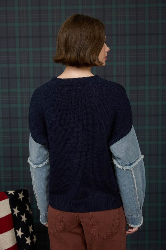 Denim Sleeve Flag Sweater