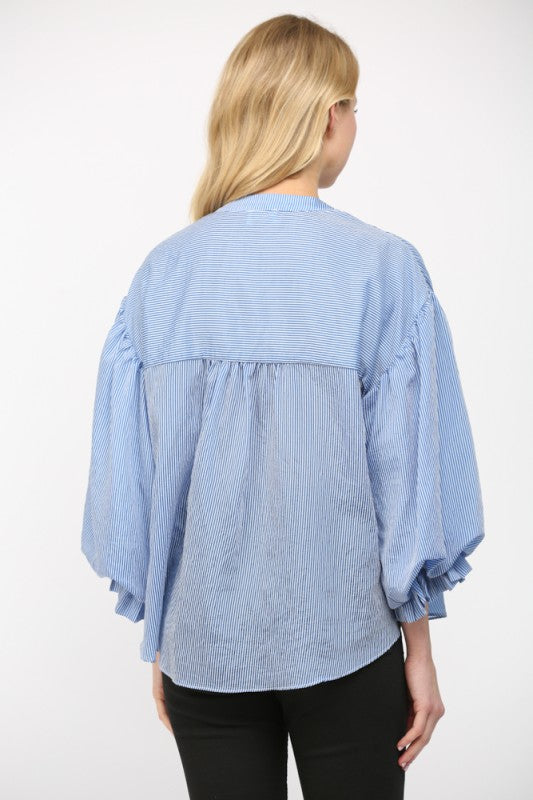 Pinstripe Bubble Sleeve Blouse
