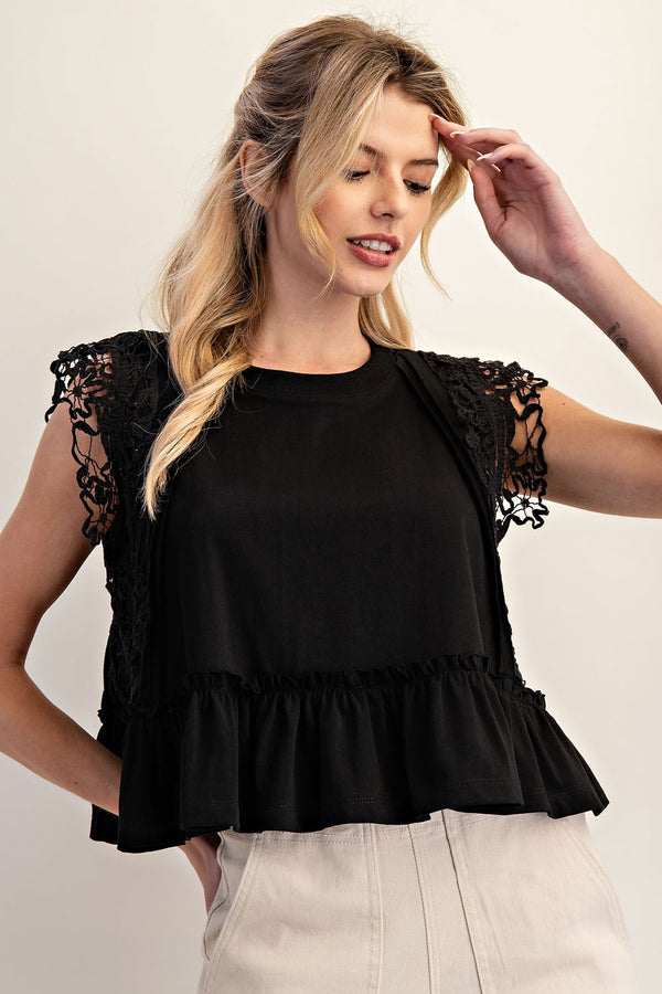 Lace Trim Ruffle Hem Top