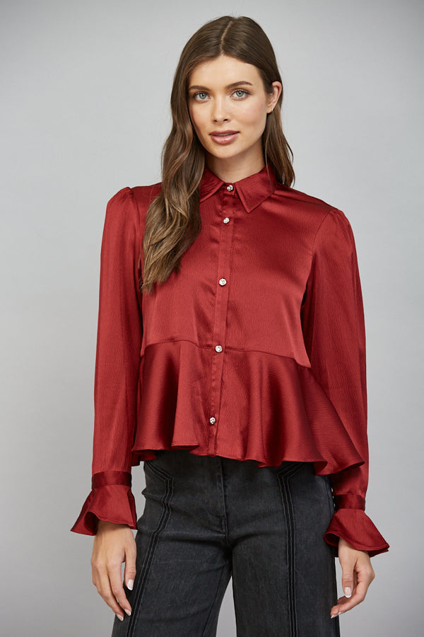 Satin Peplum Button Down