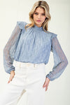 Sheer Sleeve Mock Neck Blouse