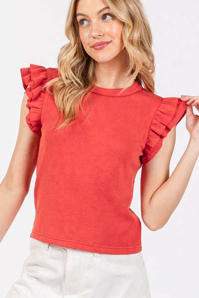 Mineral Washed Ruffle Sleeve Top