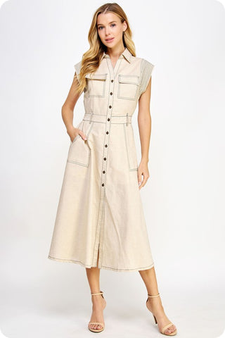 Top Stitch Sleeveless Midi Dress