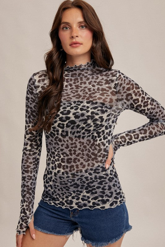 Animal Print Mesh Mock Neck
