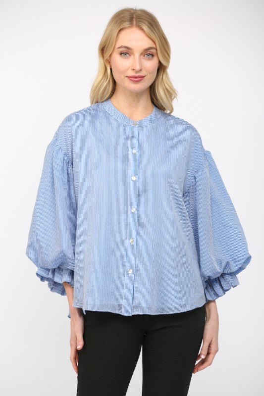 Pinstripe Bubble Sleeve Blouse