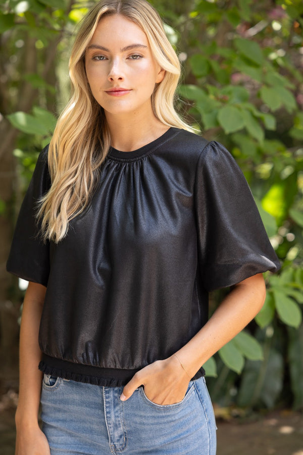 Faux Leather Puff Sleeve Top