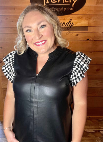 Faux Leather Houndstooth Top