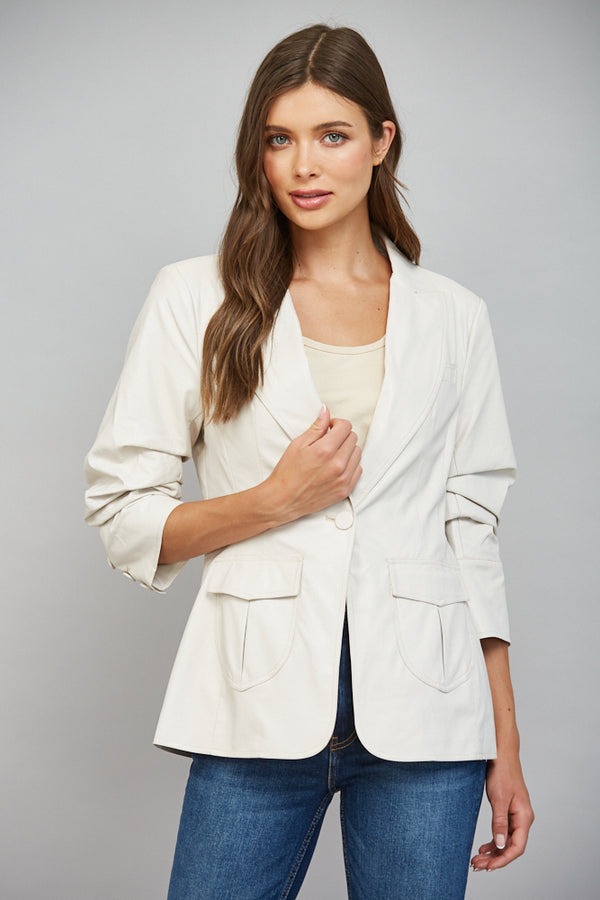One Button Faux Leather Blazer