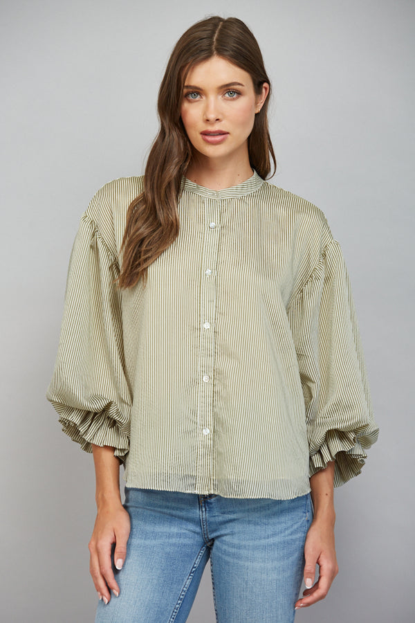 Pinstripe Bubble Sleeve Blouse