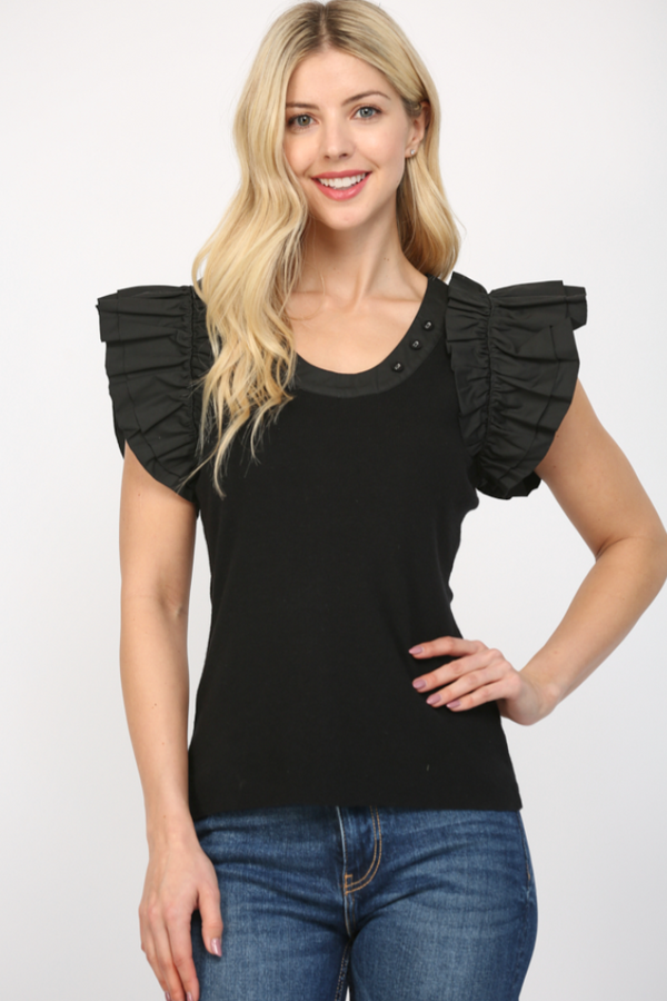 Button Detail Ruffle Sleeve Top