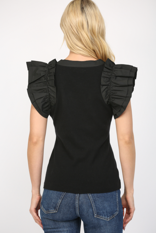 Button Detail Ruffle Sleeve Top