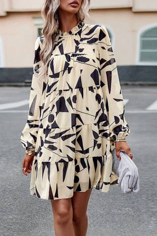Tiered Long Sleeve Abstract Dress
